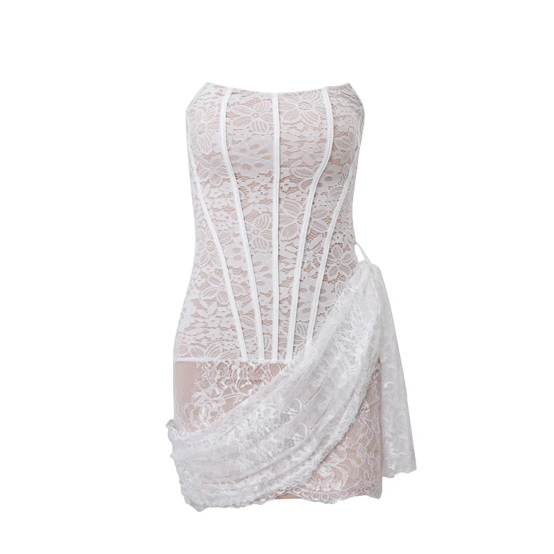 Elegant Lace Strapless Sexy See-through Dress Bandage Irregular Mini Dress For Women Summer Slim Street Party Dress