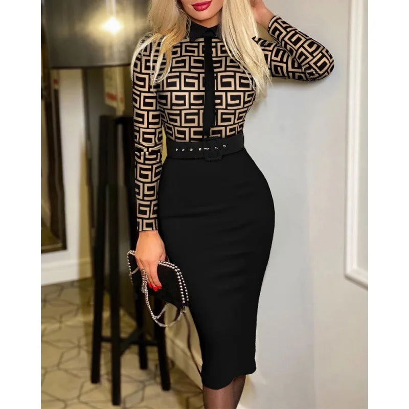 Fashionable Women's Printed Tight A-line Skirt Sexy Suit Collar Dress Wrapped Buttocks For Women With Belt