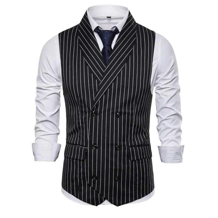 Mens Waistcoat Stripe Plaid Formal Suit Vest Men Fashion Casual Double Breasted Sleeveless Gilet Male Business Formal Vest