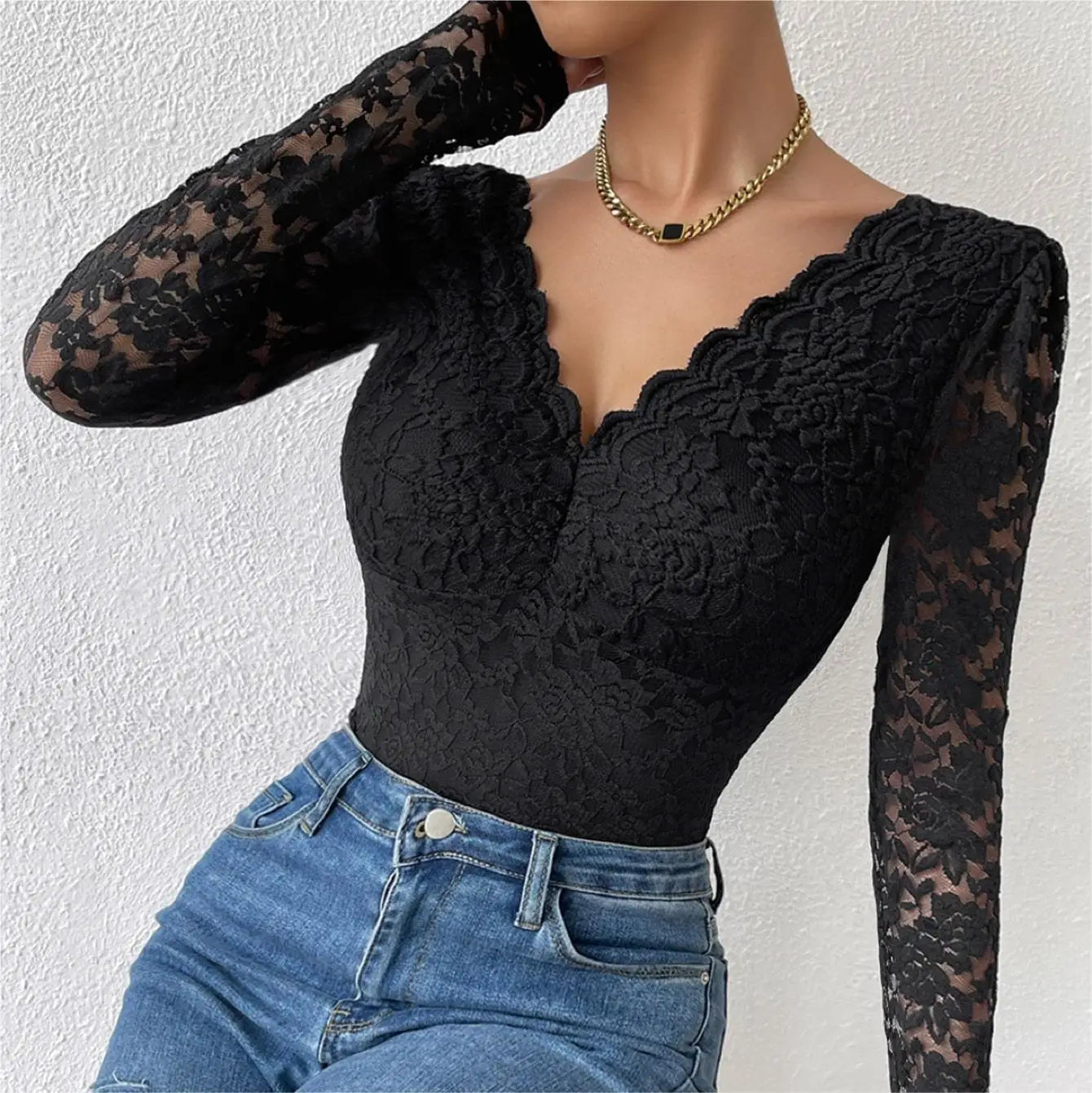 Women Floral Lace Scallop Trim Teddy Bodysuit Long Sleeve V Neck Slimming Body Shaper Sexy Night Club Party Leotards Tops