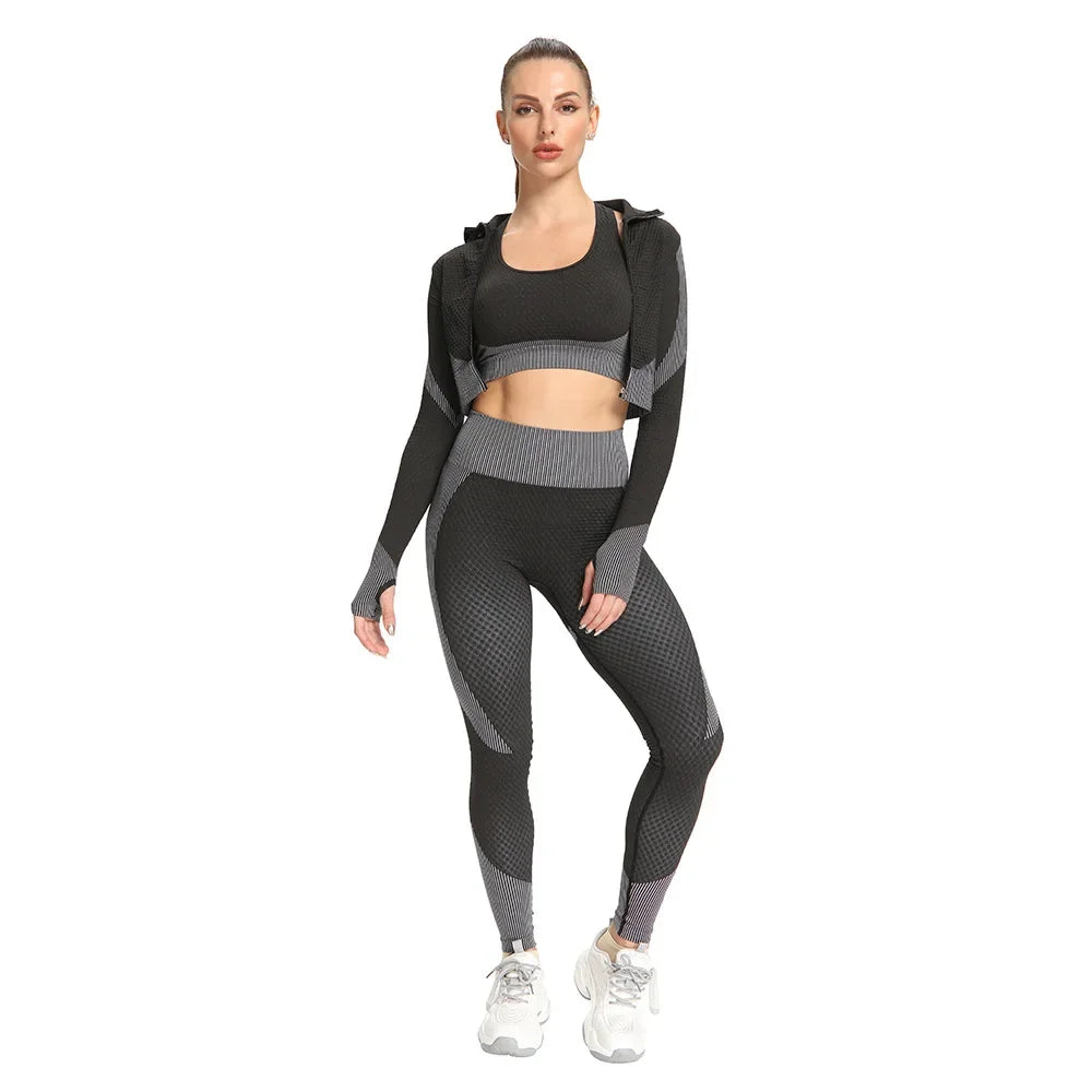 3pcs Set Fitness Suit Yoga Suit Women Sports Suit  Sweatshirt Push Up Tights Sports Bra Top Long Sleeve Women Sportswear