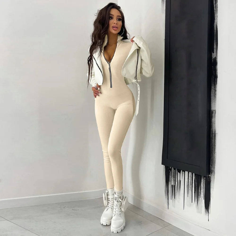 Women's Clothing Long-sleeved Autumn and Winter Jumpsuit Long Metal Zipper Slim-fit Sports Jumpsuit