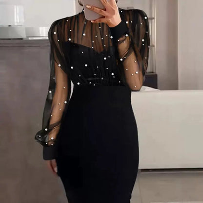 Women Mesh Pearl Splice Long Dress Full Sleeve Slim Fit Wrap Hip Dresses Sheath Evening Vestidos Sexy Elegant High Waist