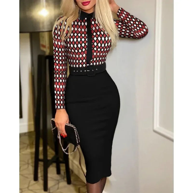 Office Lady Vintage Print Long Sleeve Belt Slim Bodycon Dress Women Summer New Elegant Fashion Commute Dresses