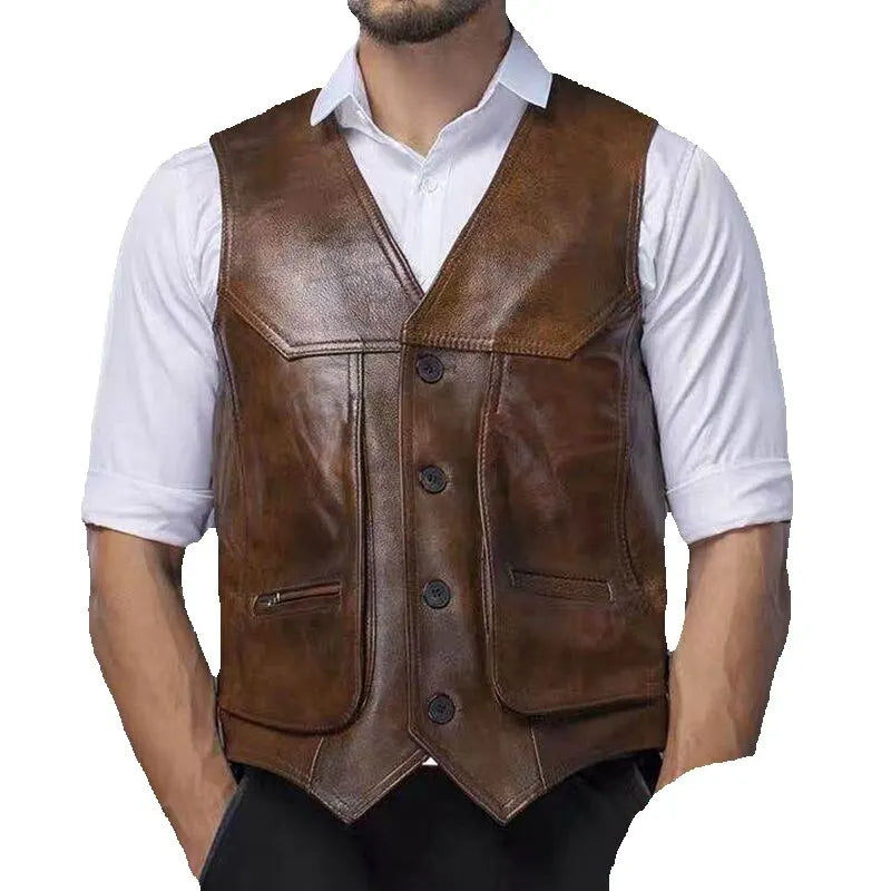 Large piece of Genuine Leather Men's Fit Real Cowhide Leather Waistcoat Vest sleeveless jacket