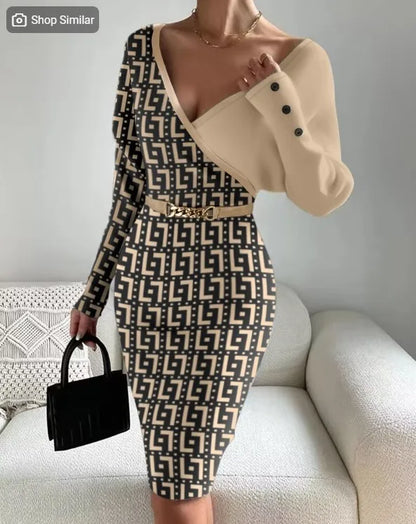 Sweater Dresses High Waist Button Decor Trend Sheath Sexy Dress Women Long Sleeve V-neck Mid-Length Long Sleeve Knit Midi Dress