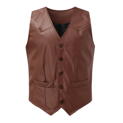 Men Waistcoat Leather Jacket Club Vest Men's Leather Vest V Neck Single-breasted Western Sleeveless