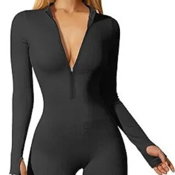 Hot Selling Women's Yoga Jumpsuit Exercise Ribbed Long Sleeved Front Zipper Sports Jumpsuit