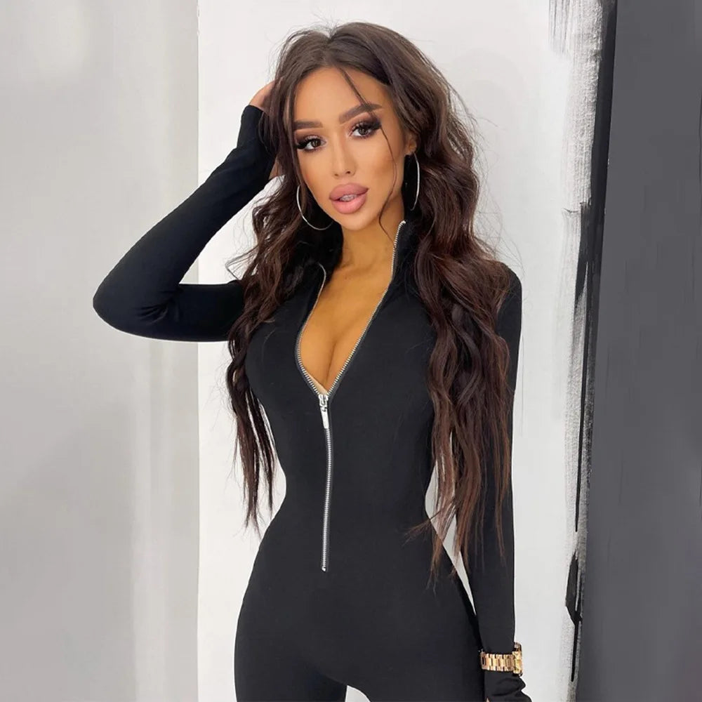 Women's Clothing Long-sleeved Autumn and Winter Jumpsuit Long Metal Zipper Slim-fit Sports Jumpsuit