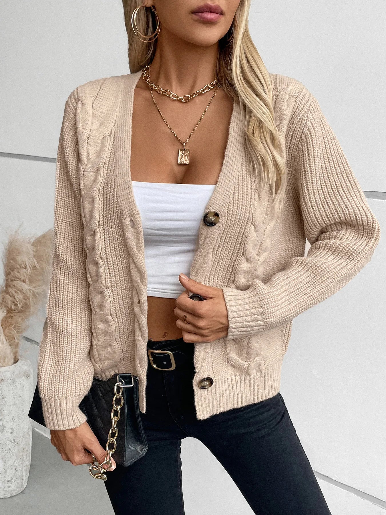 Women Solid Color Cardigan Twist Retro Jacket Single-Breasted V-Neck Knitted Sweater Casual Button Long-Sleeved