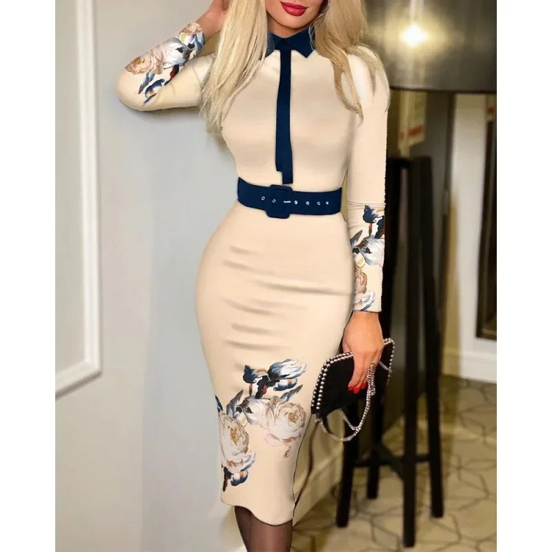 Office Lady Vintage Print Long Sleeve Belt Slim Bodycon Dress Women Summer New Elegant Fashion Commute Dresses