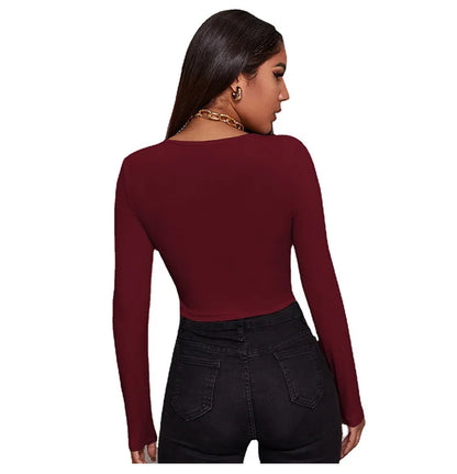 Sexy with Zipper Bare Midriff Slim T Shirt Women Long Sleeves Bottoming Shirt Ladies Tee Shirt Tops Camisetas Mujer