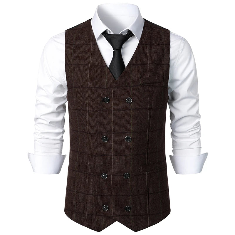 New Suit Vests Men Vintage Double Breasted Smart Casual Waistcoat Mens Sleeveless Formal Wedding Slim V Neck Suit Vest