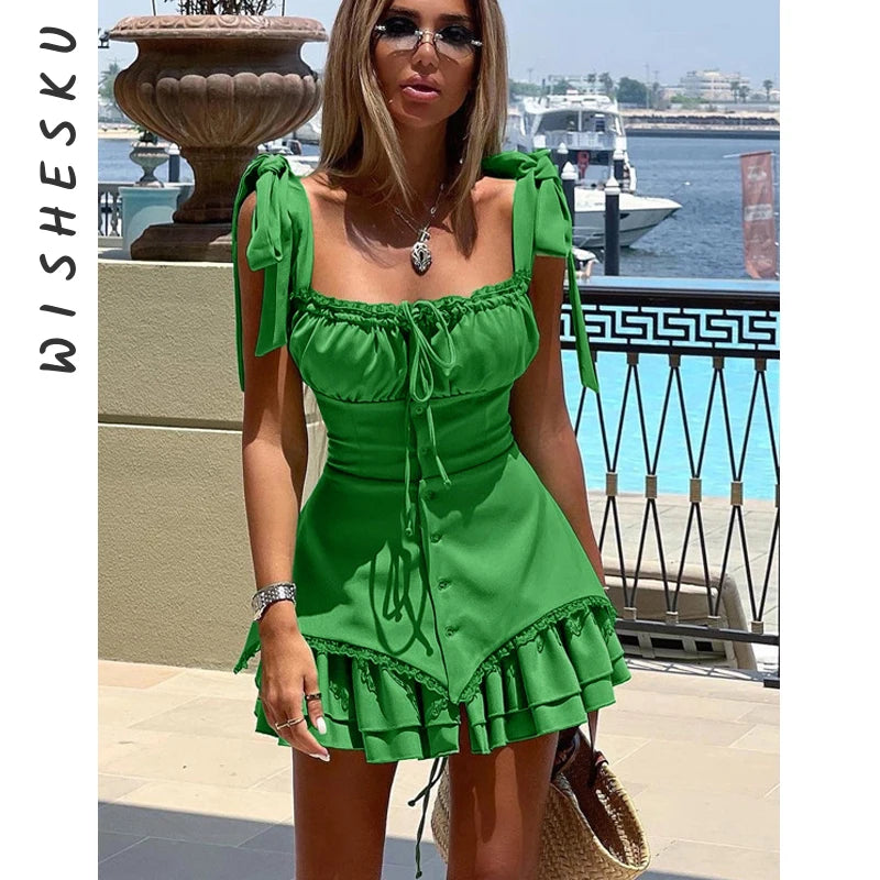 Sexy Sleeveless Ruffled Mini Dress For Women Robe Spaghetti Strap Backless Lace-up Bodycon Dress Beach Elegant Clubwear