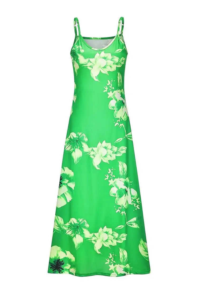 Women Green Floral Print V-Neck Long Dresses Casual Bohemian Sleeveless Women Beach Party Dress