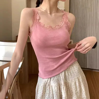 Floral Lace Camisole with Chest Cushion Slim Fit Solid Color Tank Tops Summer Sweet All-match Soft Comfy Vest Top