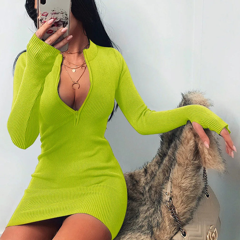 Women Half Zip Up Bodycon Party Dress Spring Autumn Long Sleeve Slim Rib Knitted Mini Dresses