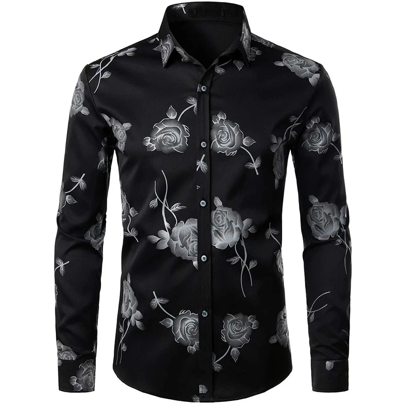 Men's Gold Shirt 3D Rose Print Slim Fit Button-Down Party Dress Shirt Athleisure Fashion Comfortable Long Sleeve