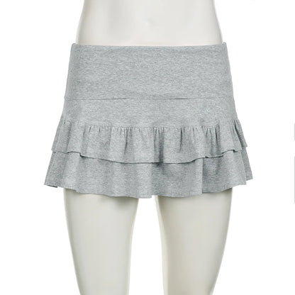 Sweet Ruffle Tiered Mini Shorts Skirt Pink Grey Low-waisted A-line Pleated Skirts with Safety Pants Korean Japanese Y2K