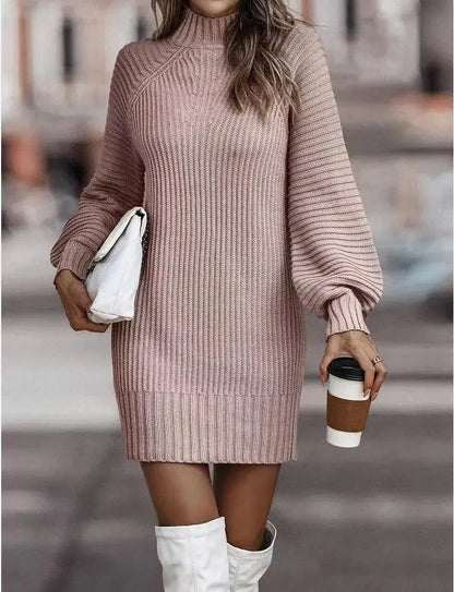 High Collar Long Sleeve Knitted Sweater Dress, Casual Dresses, Monochromatic, New Fashion, Autumn and Winter