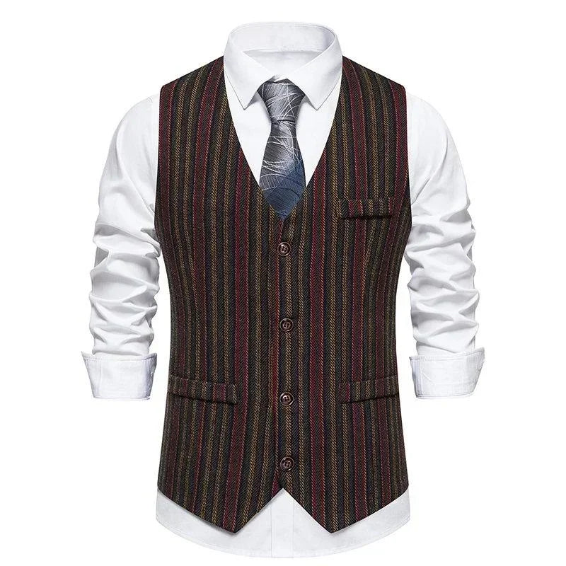 Men's Retro Herringbone V-neck Suit Vests Fashion Formal Slim Fit Business Waistcoat Wedding Tuxedo