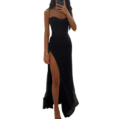 Versatile Party Dress Elegant Sequin Spaghetti Strap Evening Dress with Off Shoulder High Split for Women's Prom Floor Length