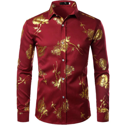 Men's Gold Shirt 3D Rose Print Slim Fit Button-Down Party Dress Shirt Athleisure Fashion Comfortable Long Sleeve