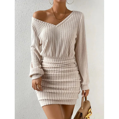 Women's Autumn Winter Knitted Sweater Mini Dress Female Casual Solid Wrap V-neck Long Sleeve Warm Bodycon Short Dresses Robe