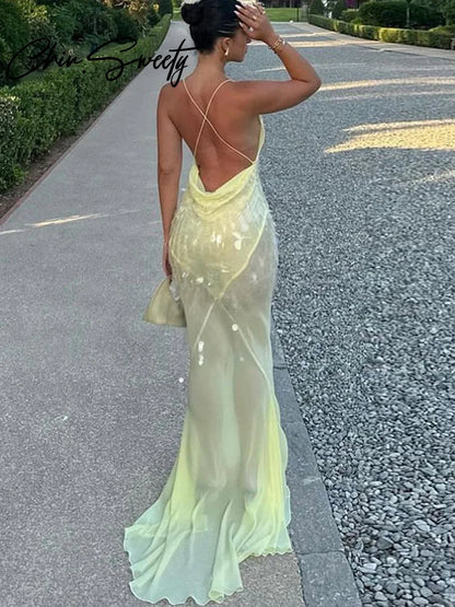 Sequins Halter Women Evening Dresses Sexy Patchwork Sleeveless Backless Deep V Neck Female Party Dress 2024 Euphoria Lady Robe