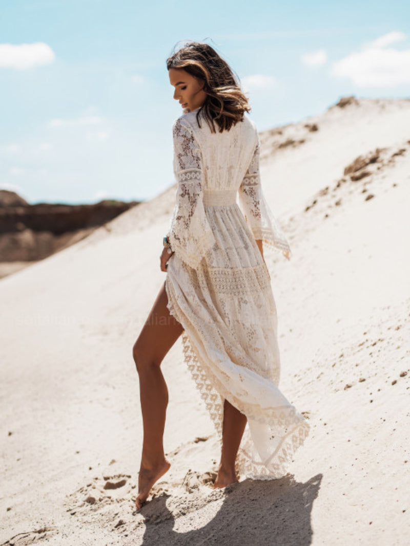 Women Flare Sleeve White Hollow Out Beach Bohemian Maxi Dresses Robe Lady V-neck Wrist Summer Evening Dress