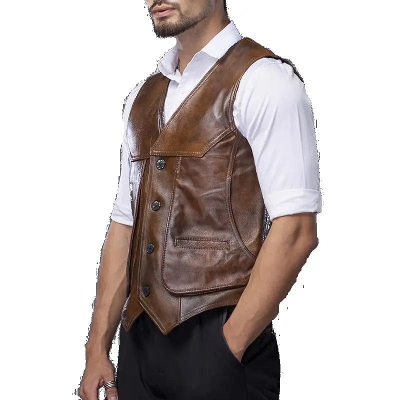 Large piece of Genuine Leather Men's Fit Real Cowhide Leather Waistcoat Vest sleeveless jacket