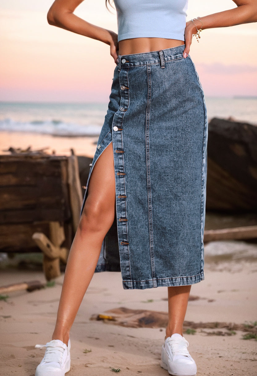 Women's  Irregular Slit Denim High Waist Long Skirt