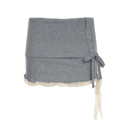 Grey Contrast Lace Patchwork Knitted Skirt for Autumn Winter Kawaii Bodycon Low Waist Sweater Skirts Cute Bottoms Women