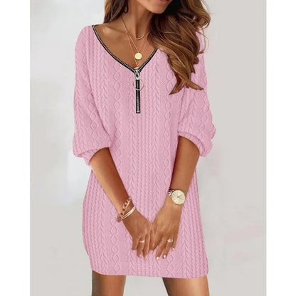 Sexy Zipper Mini Dress Women Winter Autumn V Neck Long Sleeve Dresses Solid Color Casual Basic Robe