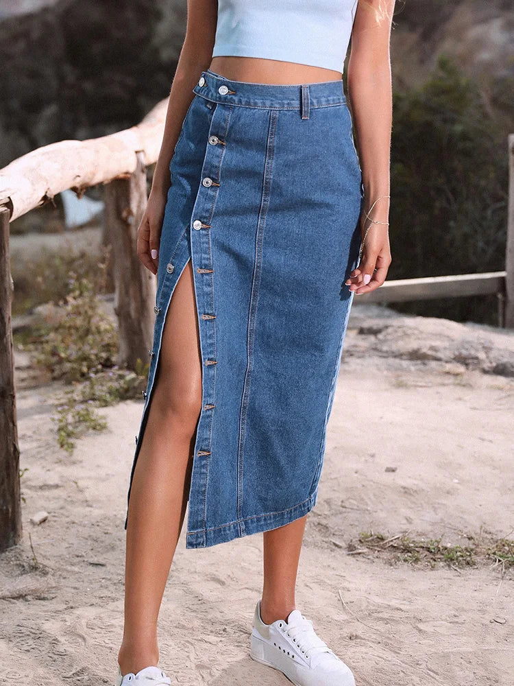 Sexy Streetwear Button Women Skirt Elegant Denim Skirt Female High Waist Casual Bodycon Long Skirts