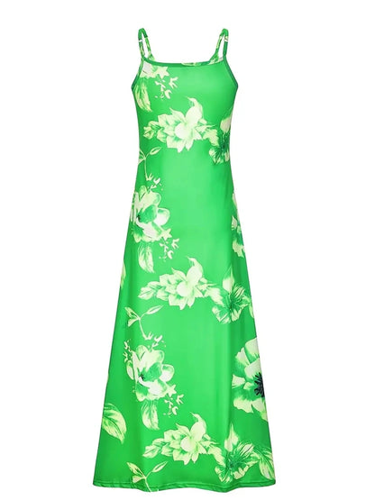 Women Green Floral Print V-Neck Long Dresses Casual Bohemian Sleeveless Women Beach Party Dress