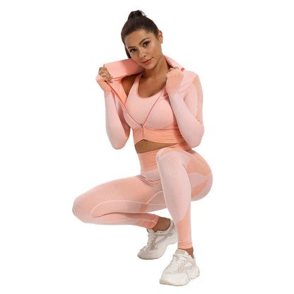 3pcs Set Fitness Suit Yoga Suit Women Sports Suit  Sweatshirt Push Up Tights Sports Bra Top Long Sleeve Women Sportswear