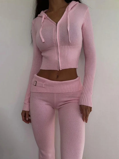 Autumn New Knitted Hoodie Set Women's Fashion Brand Solid Color Sexy High Waist Long Sleeve Pants Two Piece Set