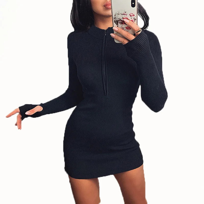 Women Half Zip Up Bodycon Party Dress Spring Autumn Long Sleeve Slim Rib Knitted Mini Dresses