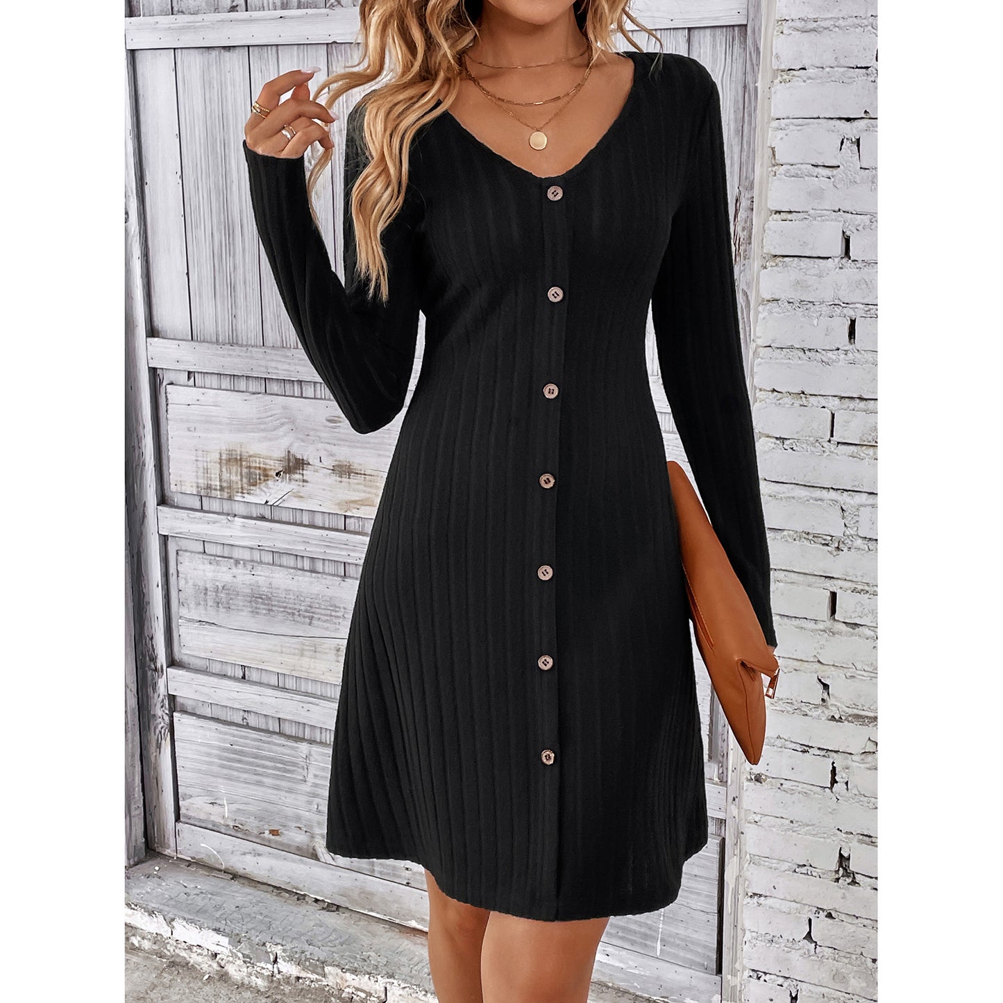 Fashion V-neck Long Sleeves Dress With Button Waist-controlled Design Slim Dresses Womens Clothing