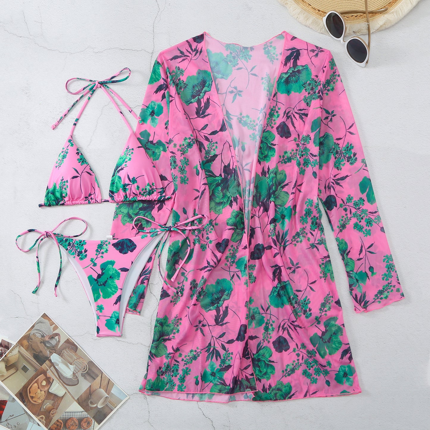 New Swimsuit Women's Printed Mesh Three-piece Blouse