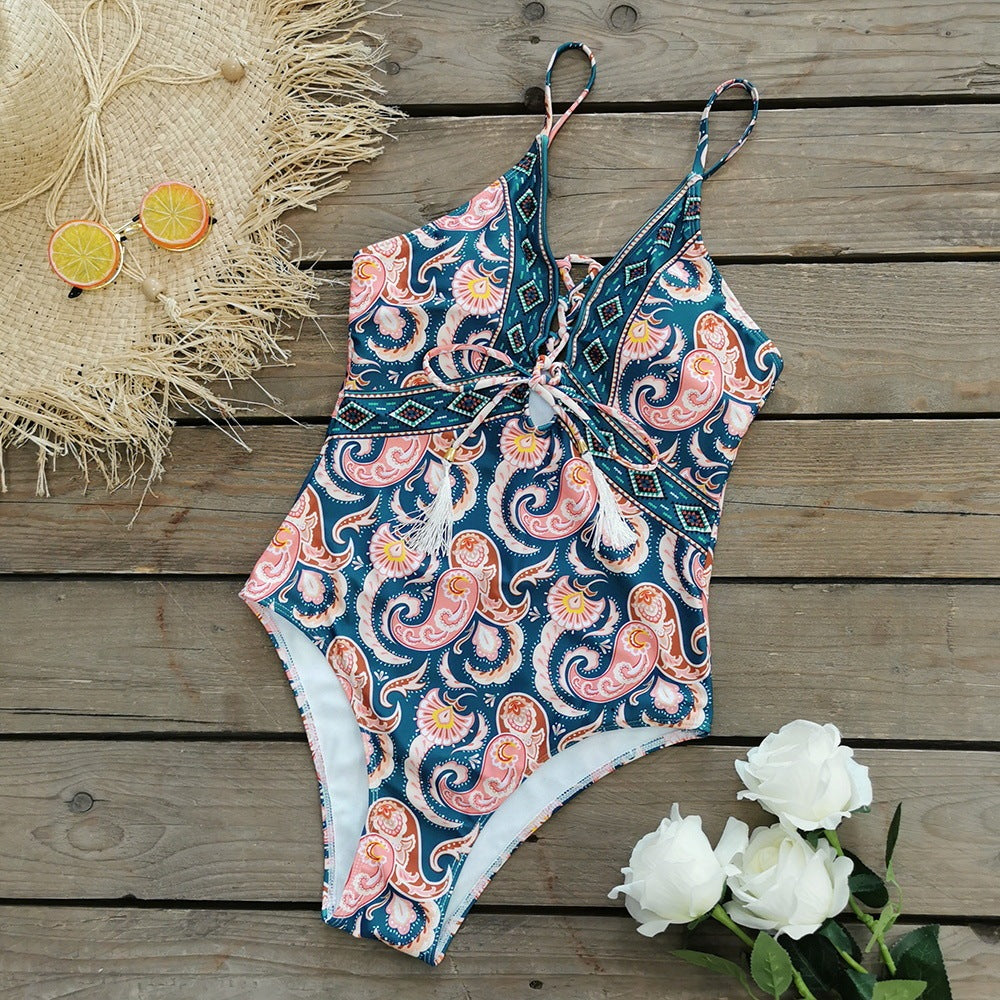 Deep V Tie One Piece Swimsuit Cashew Flower Print Triangle