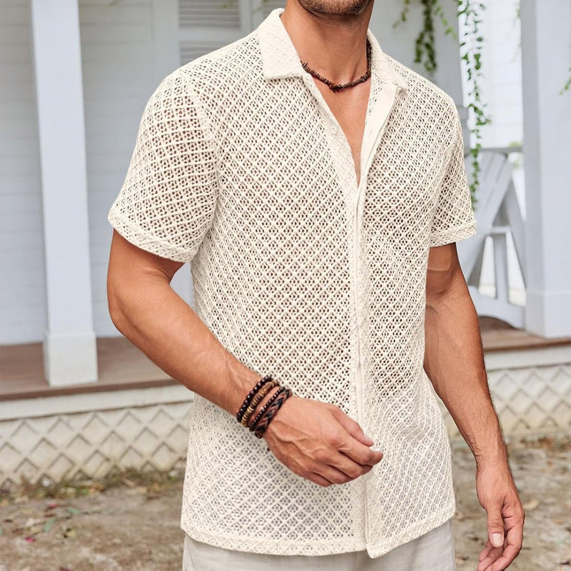 Fashion Solid Color Polo Collar Short Sleeve Mesh Shirt Men's Tops