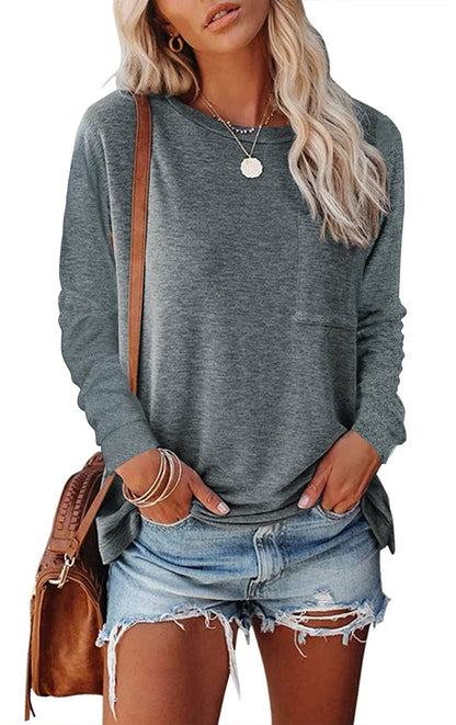 Pocket Split Long-sleeved Casual Bottoming T-shirt